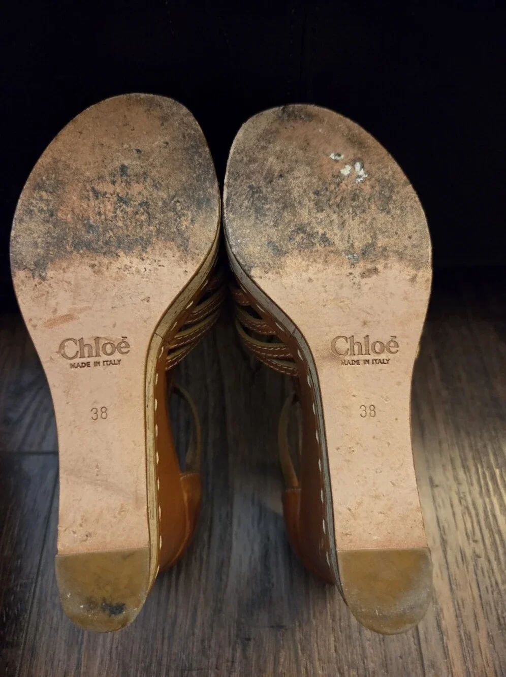 Chloe Tan Tucson T-Strap Woven Leather Cork Wedge Sandals - Size 38 (USA 7.5)